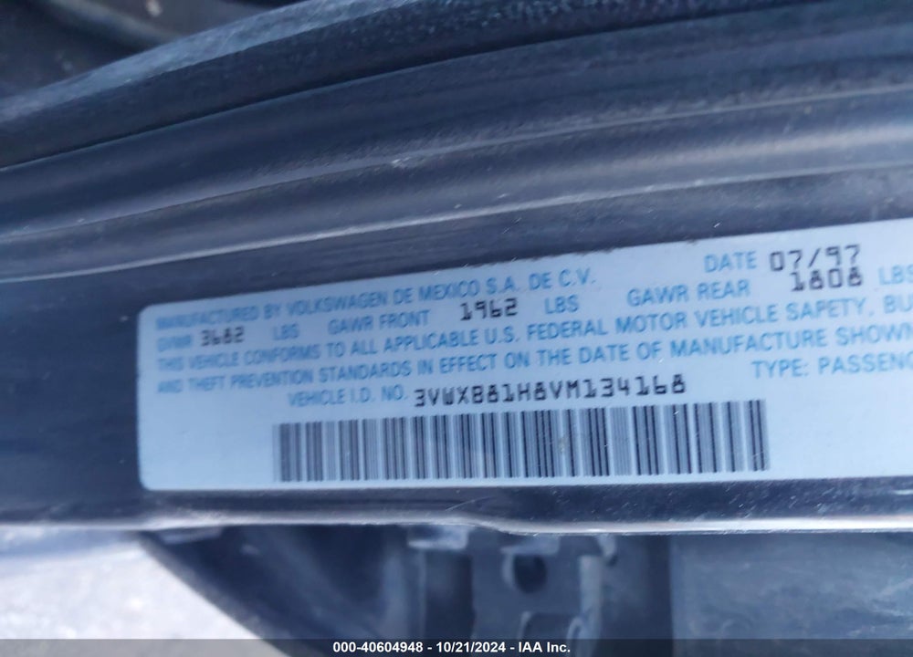 1997 VOLKSWAGEN JETTA JAZZ VIN: 3VWXB81H8VM134168