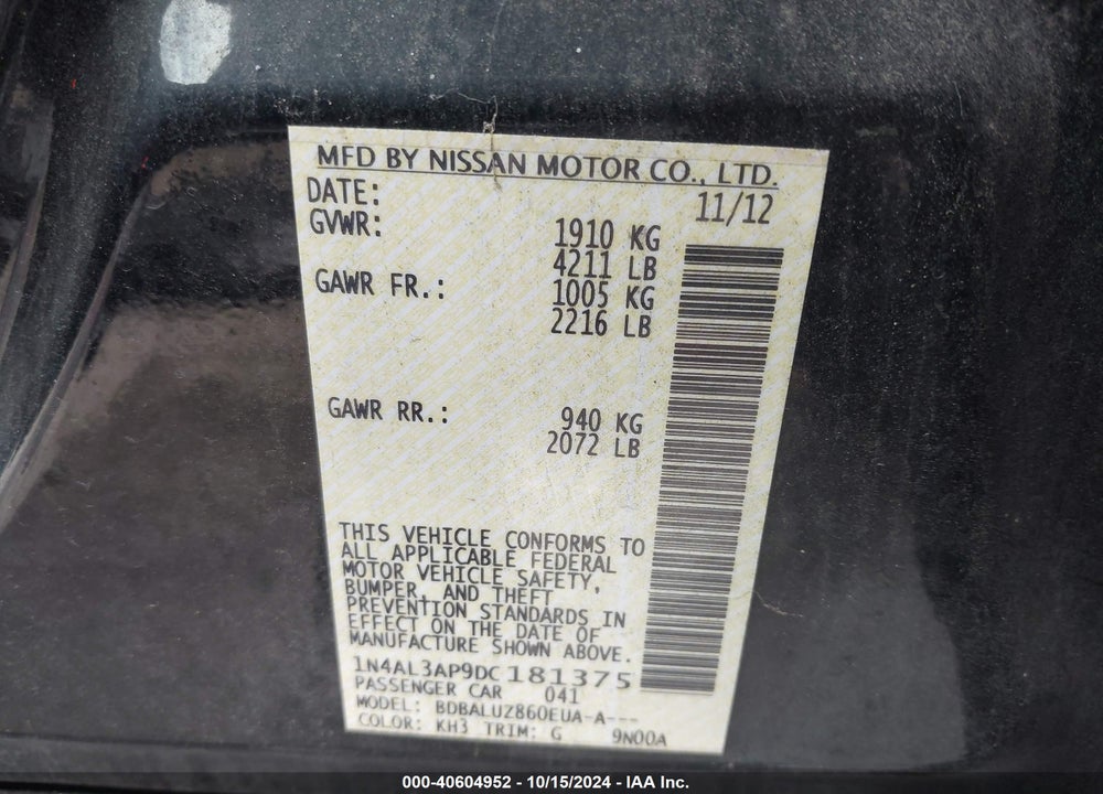 2013 NISSAN ALTIMA VIN: 1N4AL3AP9DC181375