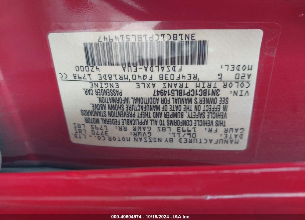 2011 NISSAN VERSA 1.8S VIN: 3N1BC1CP1BL514947