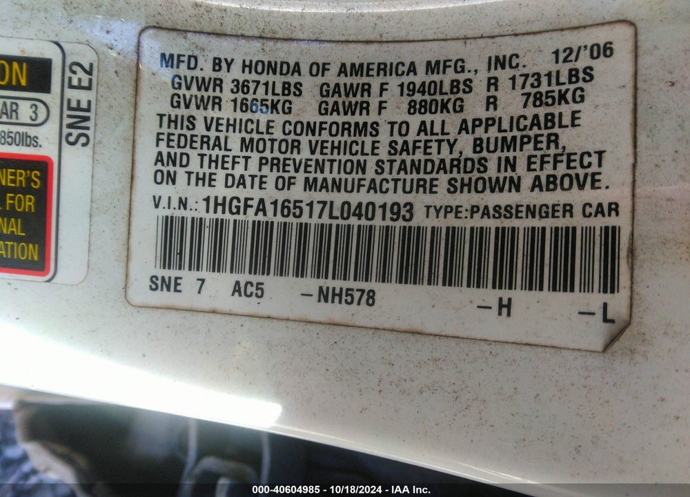 2007 HONDA CIVIC LX VIN: 1HGFA16517L040193