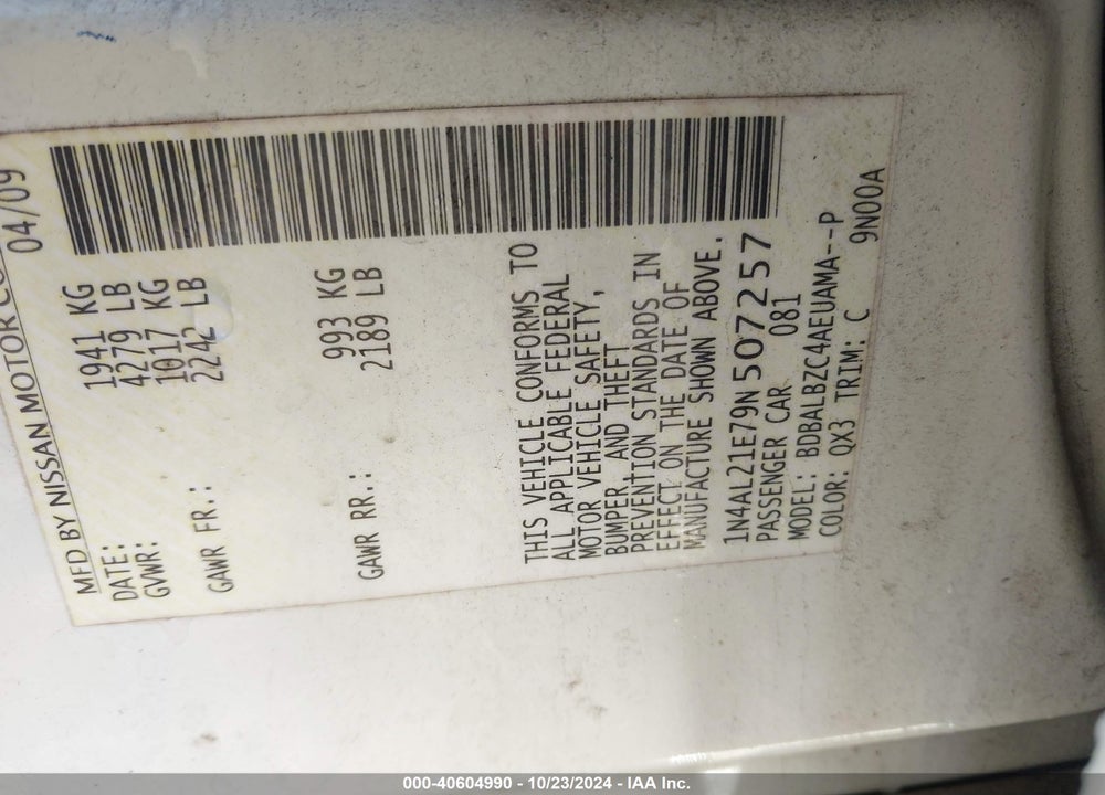 2009 NISSAN ALTIMA 2.5 S VIN: 1N4AL21E79N507257