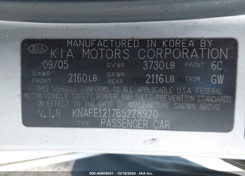 2006 KIA SPECTRA EX/LX/SX VIN: KNAFE121765228920