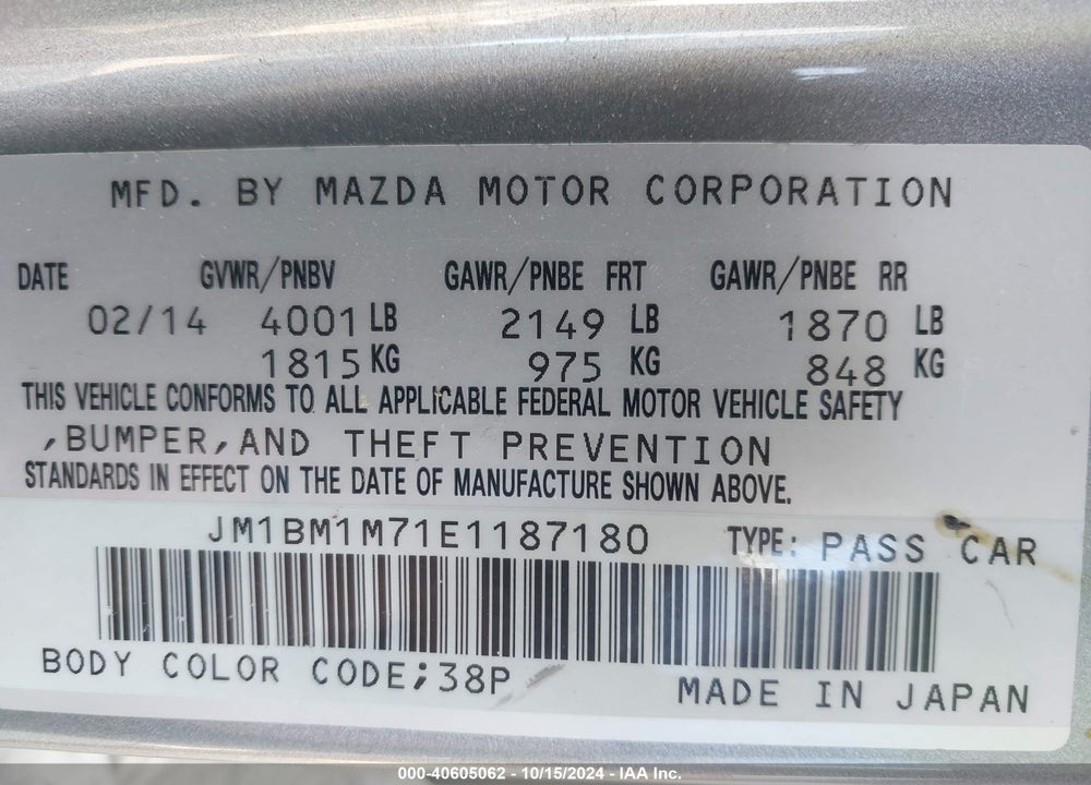 2014 MAZDA 3 I GRAND TOURING VIN: JM1BM1M71E1187180