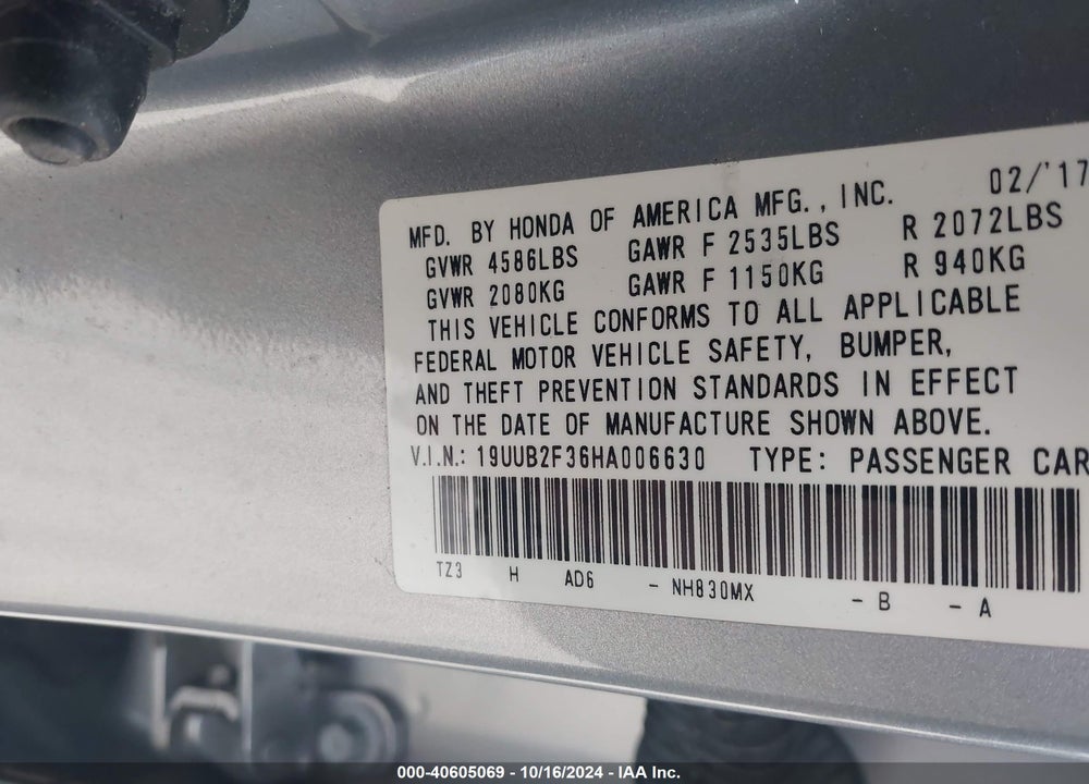 2017 ACURA TLX V6 VIN: 19UUB2F36HA006630
