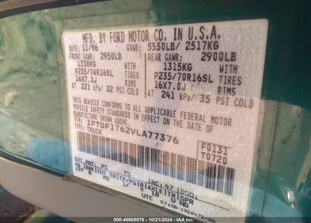1997 FORD F-150 LARIAT/STANDARD/XL/XLT VIN: 1FTDF1762VLA77376