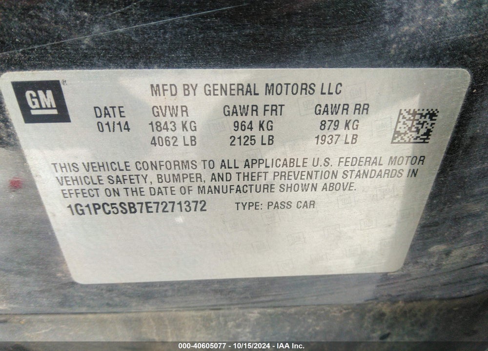 2014 CHEVROLET CRUZE VIN: 1G1PC5SB7E7271372
