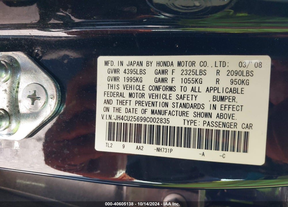 2009 ACURA TSX VIN: JH4CU25699C002835