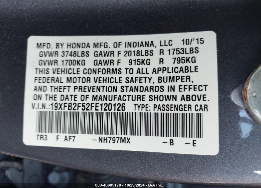 2015 HONDA CIVIC LX VIN: 19XFB2F52FE120126
