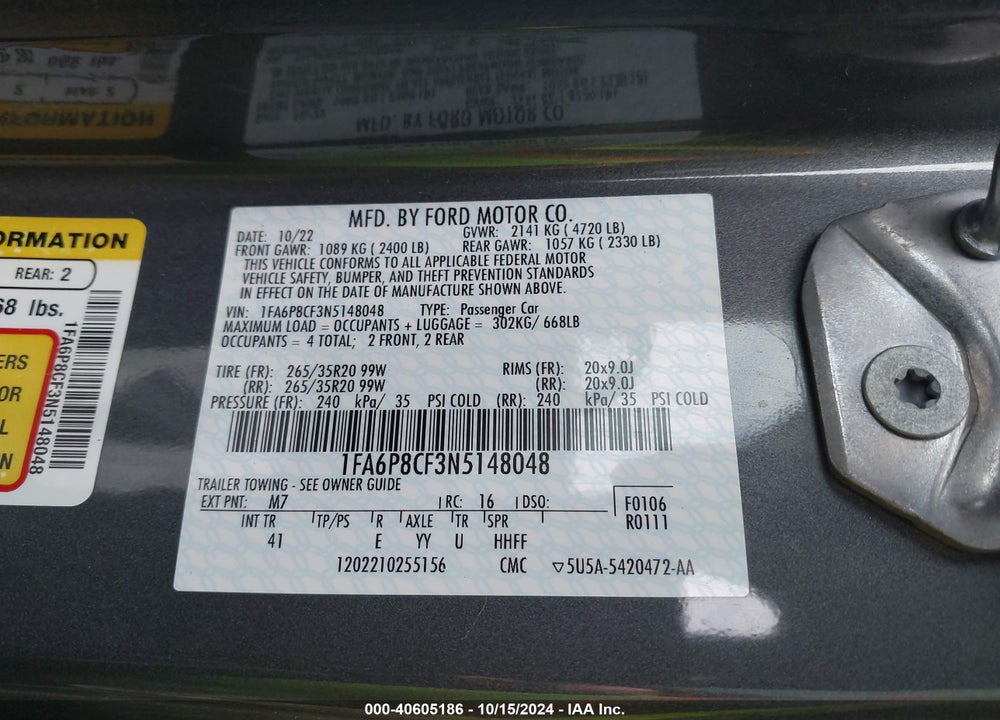 2022 FORD MUSTANG GT PREMIUM VIN: 1FA6P8CF3N5148048