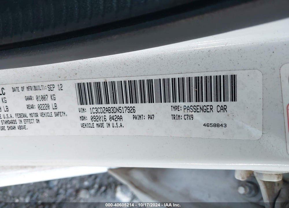 2013 DODGE AVENGER SE VIN: 1C3CDZAB3DN517926