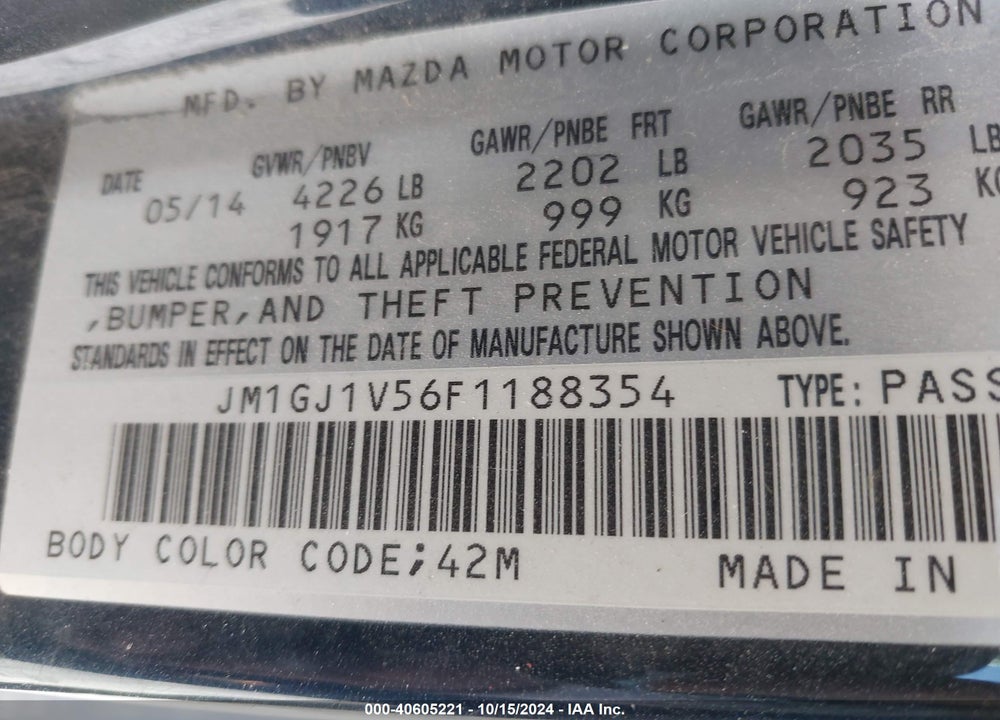 2015 MAZDA 6 I TOURING VIN: JM1GJ1V56F1188354