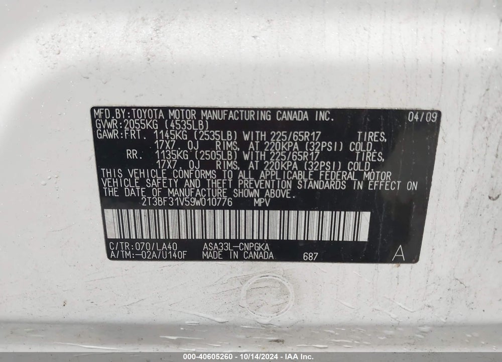 2009 TOYOTA RAV4 LIMITED VIN: 2T3BF31V59W010776