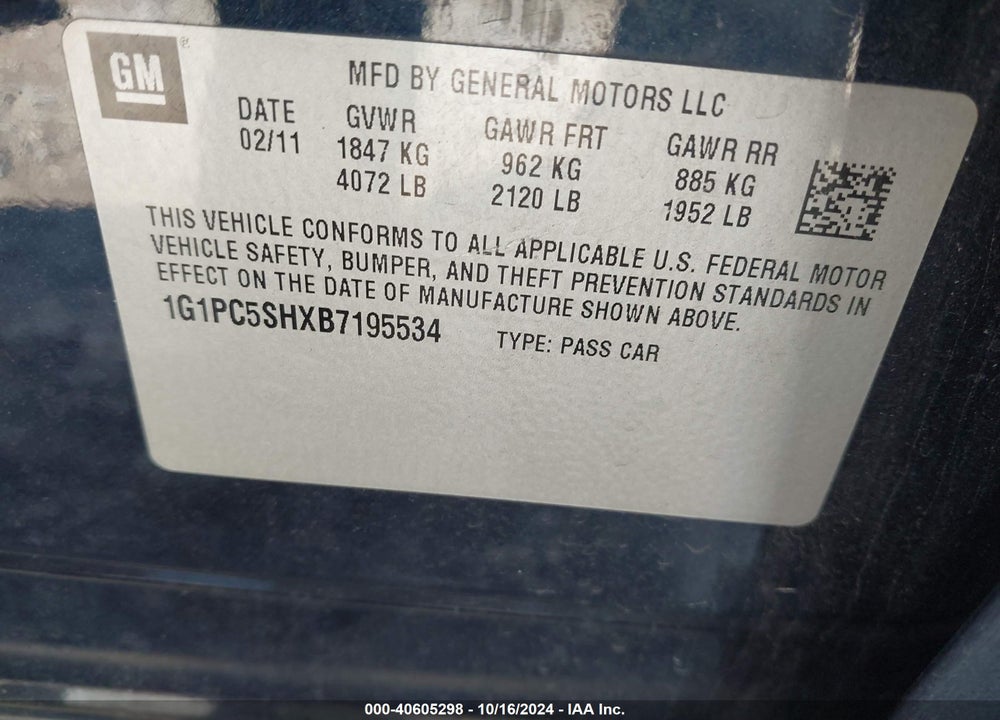 2011 CHEVROLET CRUZE VIN: 1G1PC5SHXB7195534
