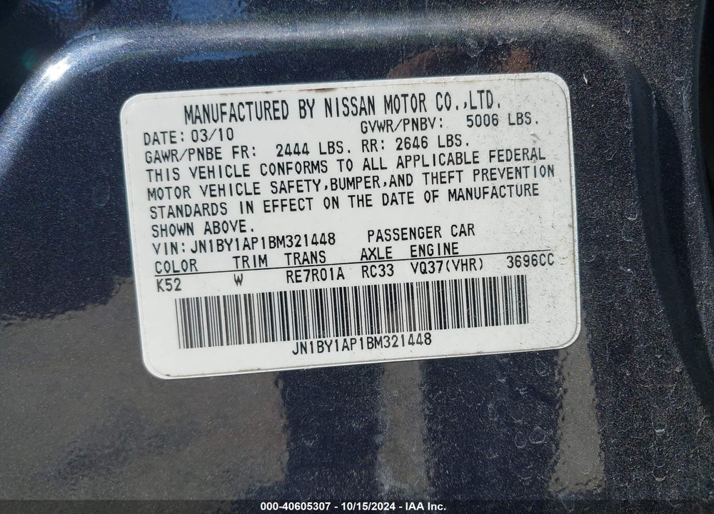 2011 INFINITI M37 VIN: JN1BY1AP1BM321448