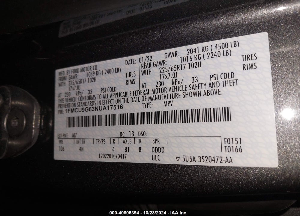 2022 FORD ESCAPE SE VIN: 1FMCU9G63NUA17516