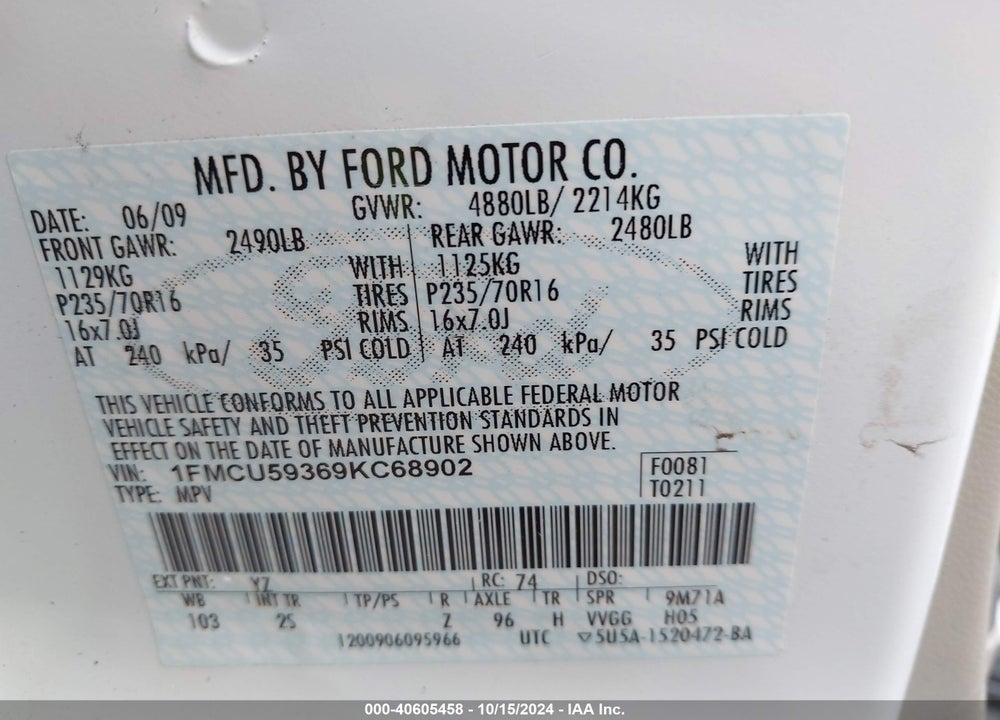 2009 FORD ESCAPE HYBRID LIMITED VIN: 1FMCU59369KC68902