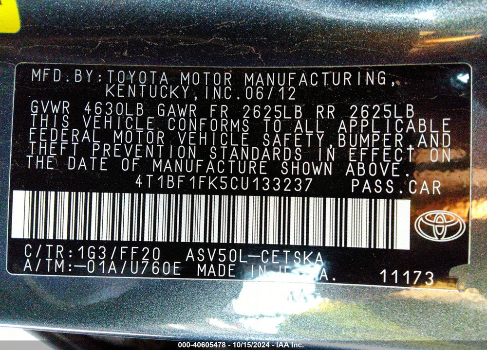 2012 TOYOTA CAMRY SE VIN: 4T1BF1FK5CU133237