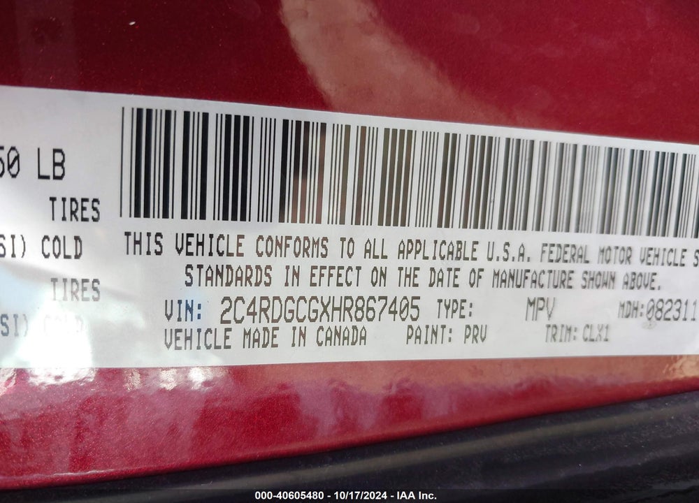 2017 DODGE GRAND CARAVAN SXT VIN: 2C4RDGCGXHR867405
