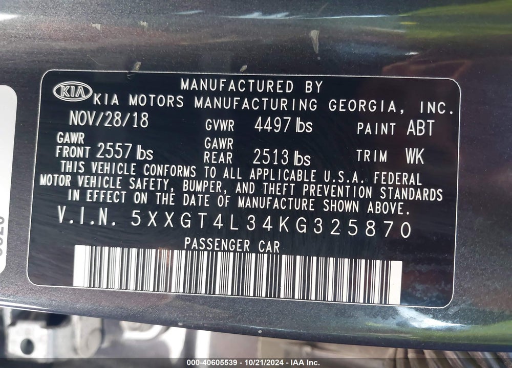 2019 KIA OPTIMA S VIN: 5XXGT4L34KG325870