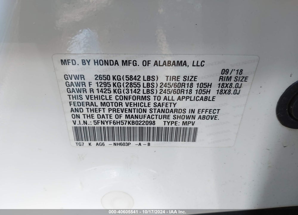 2019 HONDA PILOT EX-L VIN: 5FNYF6H57KB022098