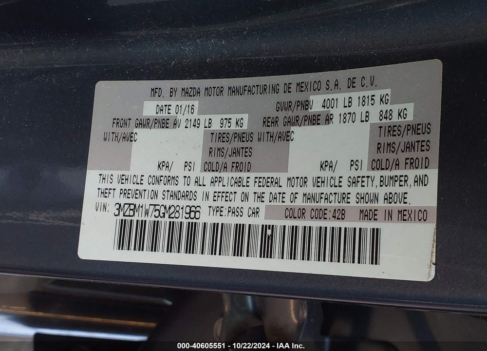 2016 MAZDA 3 I TOURING VIN: 3MZBM1W75GM281966