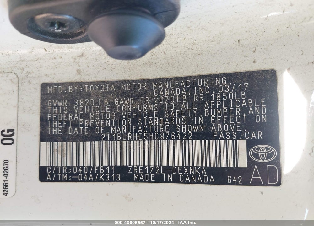 2017 TOYOTA COROLLA LE VIN: 2T1BURHE5HC876422