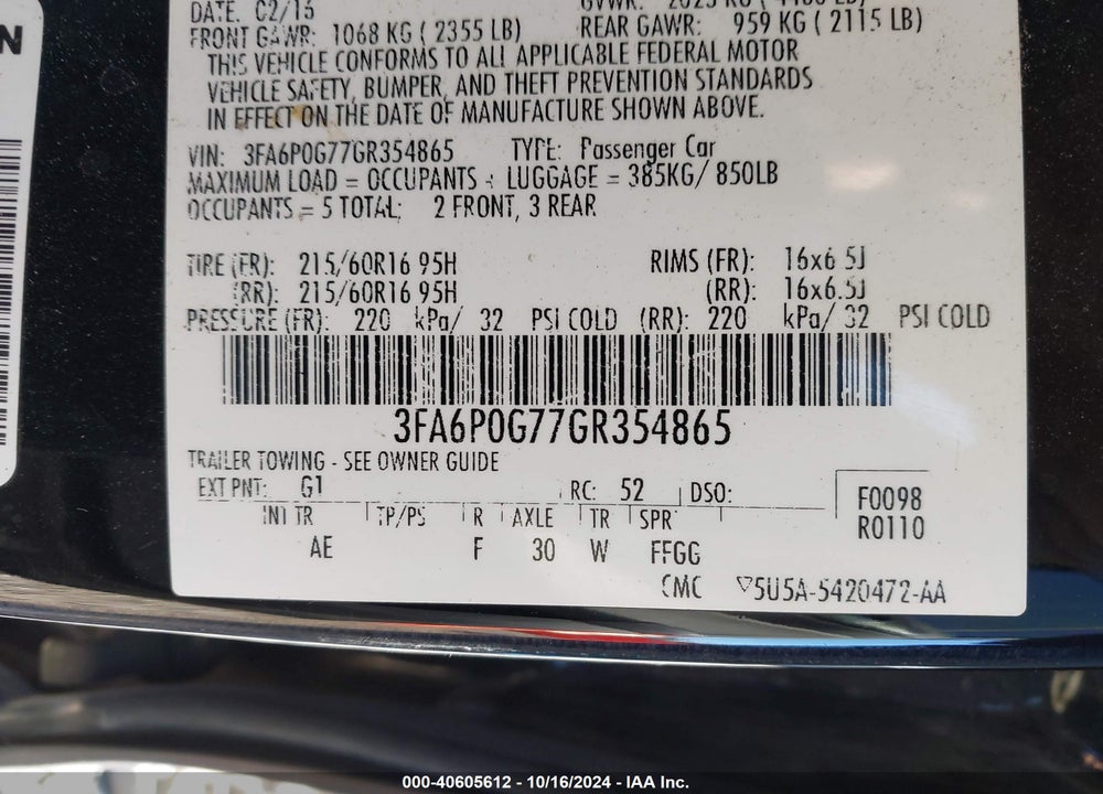 2016 FORD FUSION S VIN: 3FA6P0G77GR354865