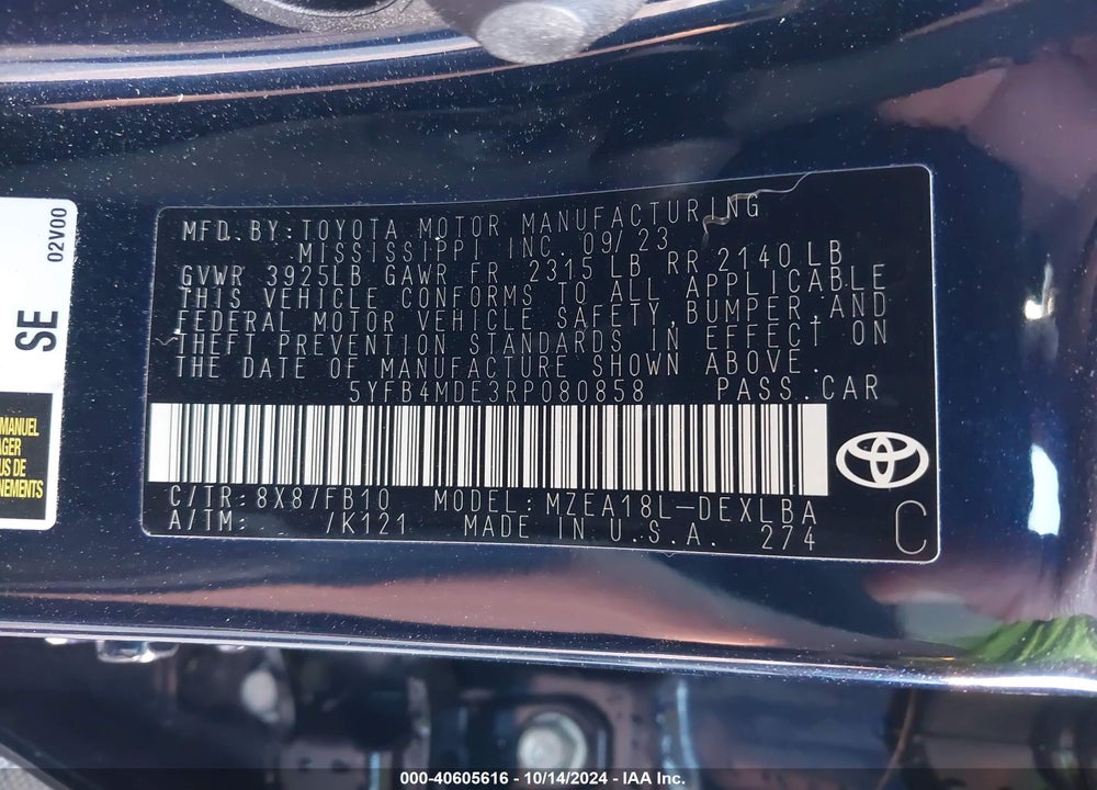 2024 TOYOTA COROLLA LE VIN: 5YFB4MDE3RP080858