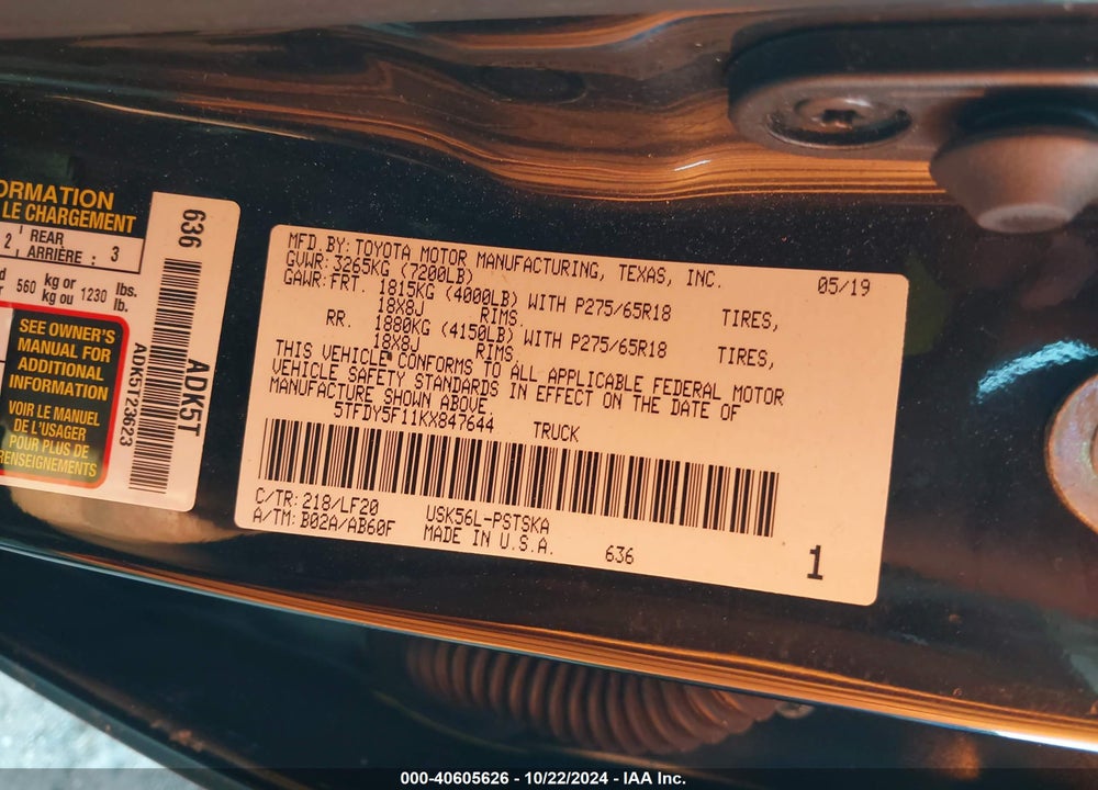 2019 TOYOTA TUNDRA TRD PRO 5.7L V8 VIN: 5TFDY5F11KX847644