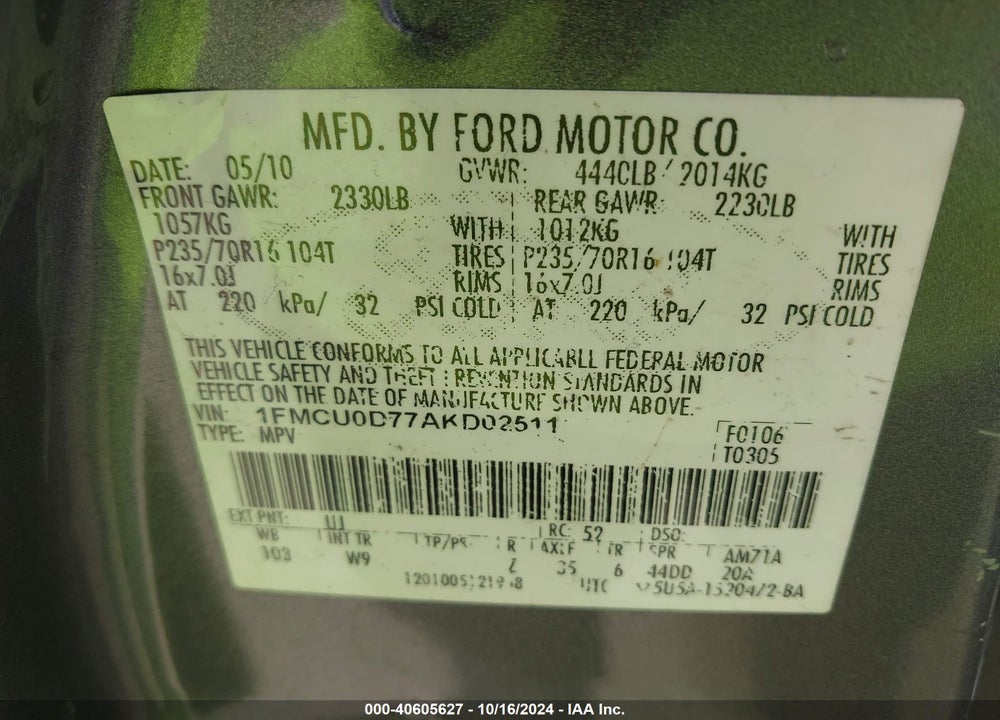 2010 FORD ESCAPE XLT VIN: 1FMCU0D77AKD02511