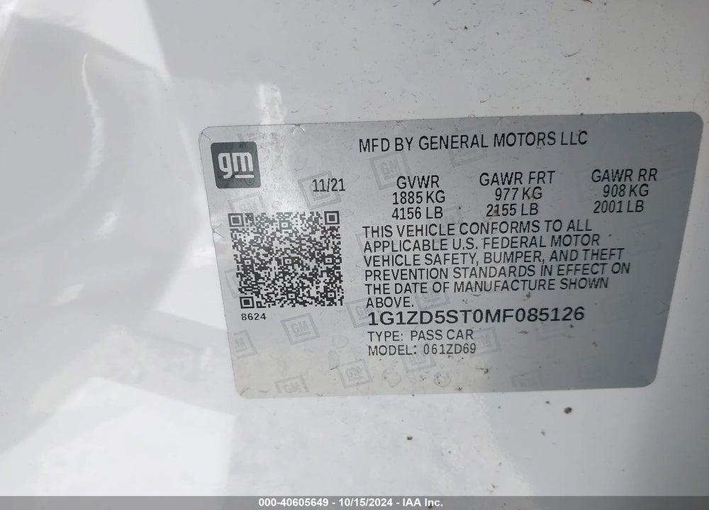 2021 CHEVROLET MALIBU FWD LT VIN: 1G1ZD5ST0MF085126