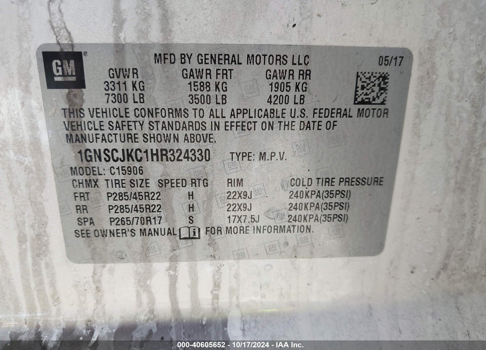 2017 CHEVROLET SUBURBAN PREMIER VIN: 1GNSCJKC1HR324330