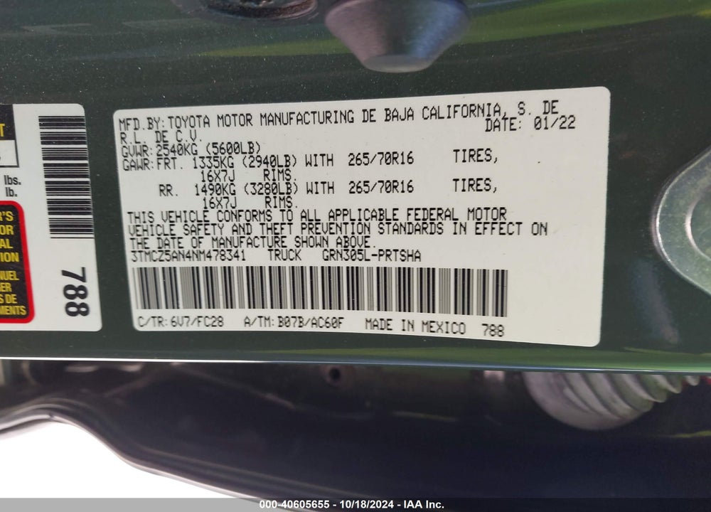 2022 TOYOTA TACOMA SR5 V6 VIN: 3TMCZ5AN4NM478341