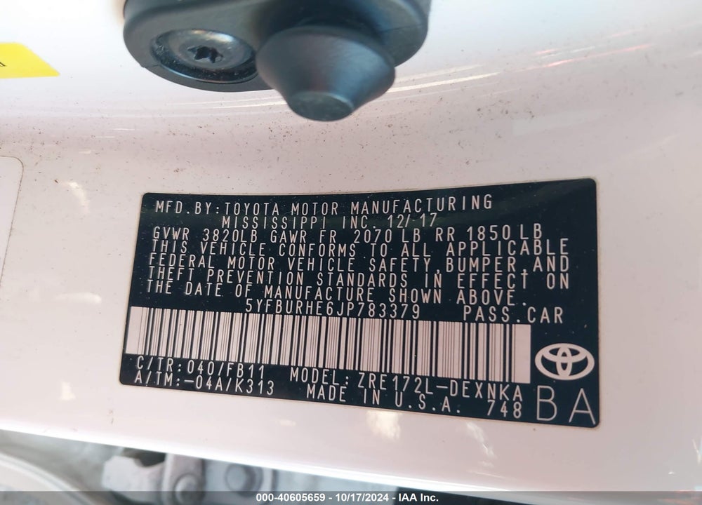 2018 TOYOTA COROLLA LE VIN: 5YFBURHE6JP783379