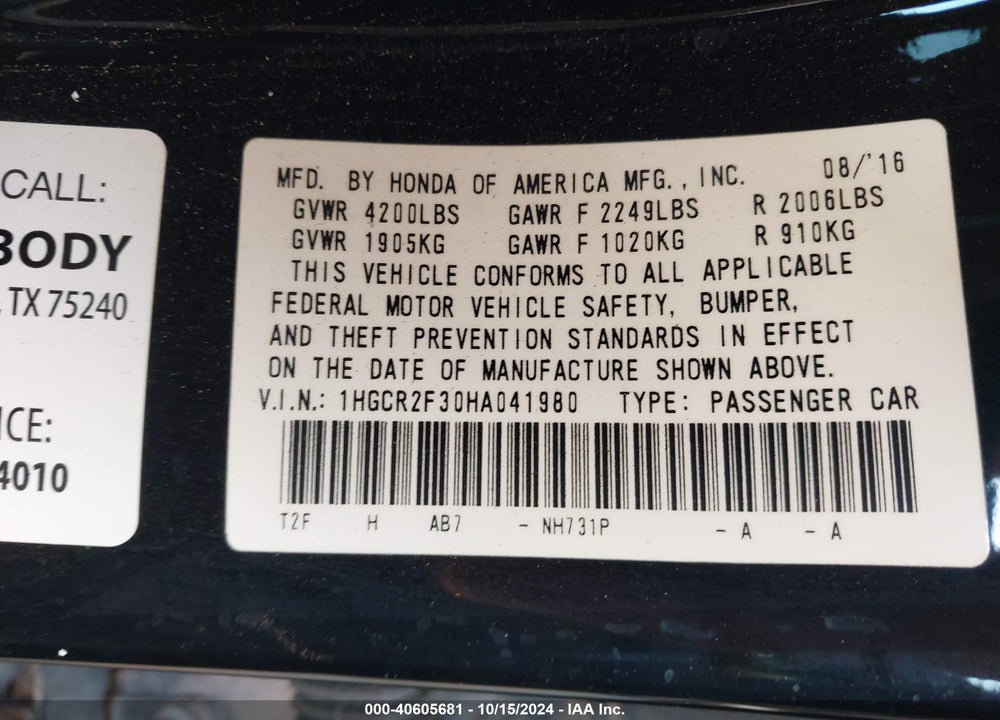 2017 HONDA ACCORD LX VIN: 1HGCR2F30HA041980