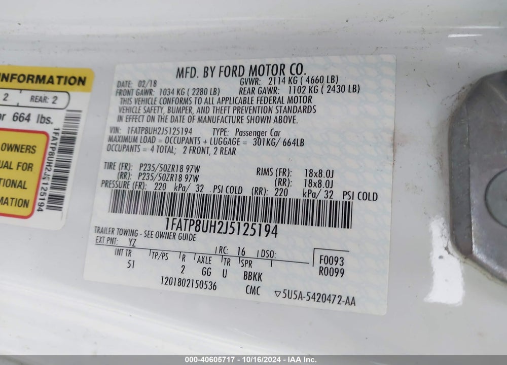 2018 FORD MUSTANG ECOBOOST PREMIUM VIN: 1FATP8UH2J5125194