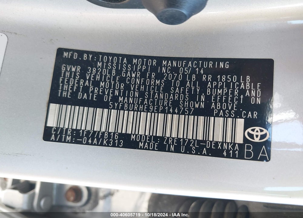 2014 TOYOTA COROLLA LE VIN: 5YFBURHE9EP144757