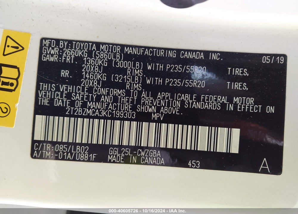 2019 LEXUS RX 350 VIN: 2T2BZMCA3KC199303