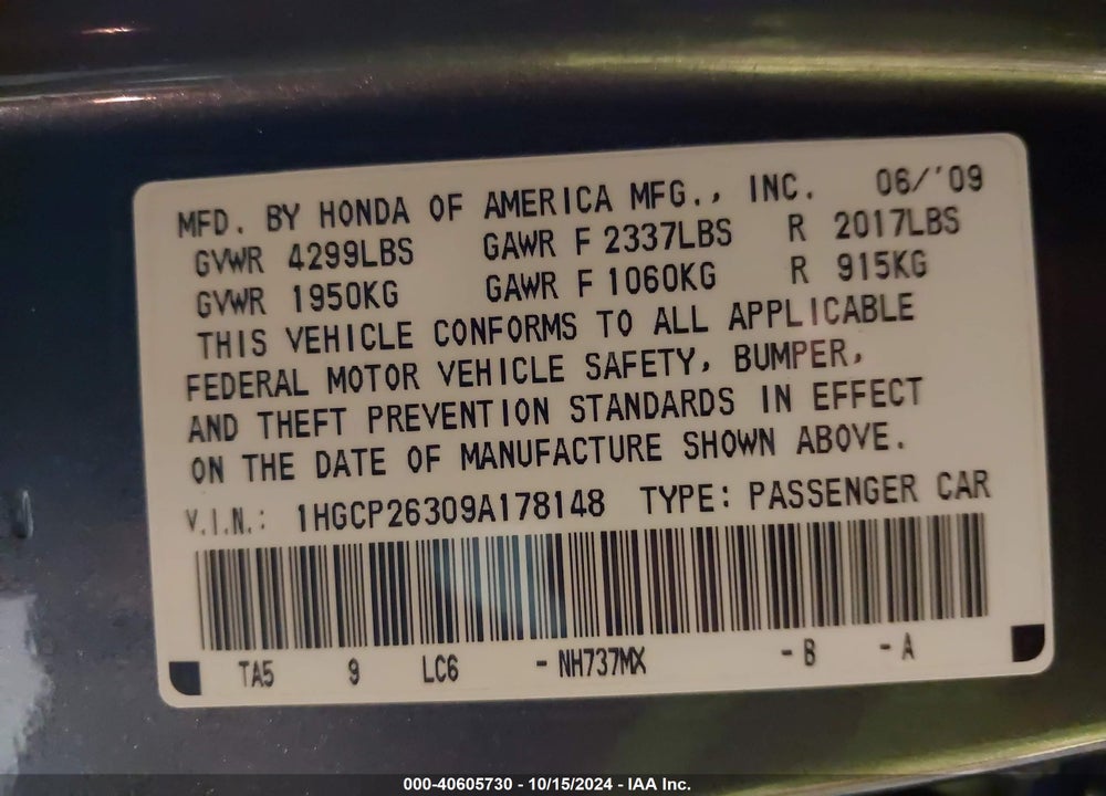 2009 HONDA ACCORD 2.4 LX VIN: 1HGCP26309A178148