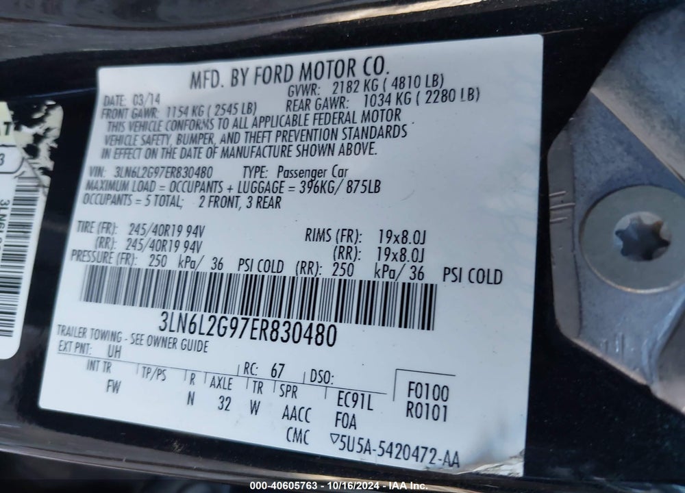 2014 LINCOLN MKZ VIN: 3LN6L2G97ER830480