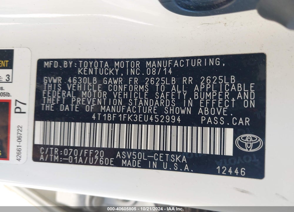 2014 TOYOTA CAMRY SE VIN: 4T1BF1FK3EU452994