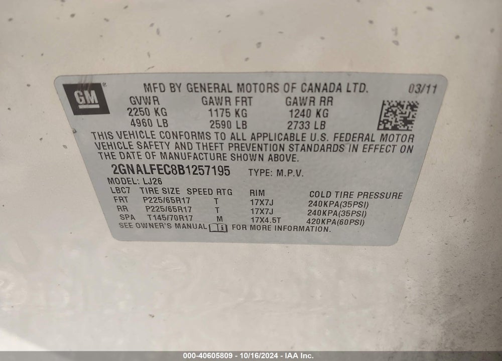 2011 CHEVROLET EQUINOX LTZ VIN: 2GNALFEC8B1257195