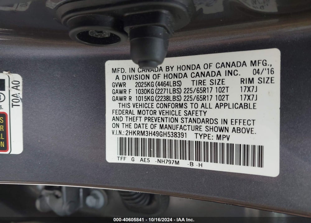 2016 HONDA CR-V SE VIN: 2HKRM3H49GH538391