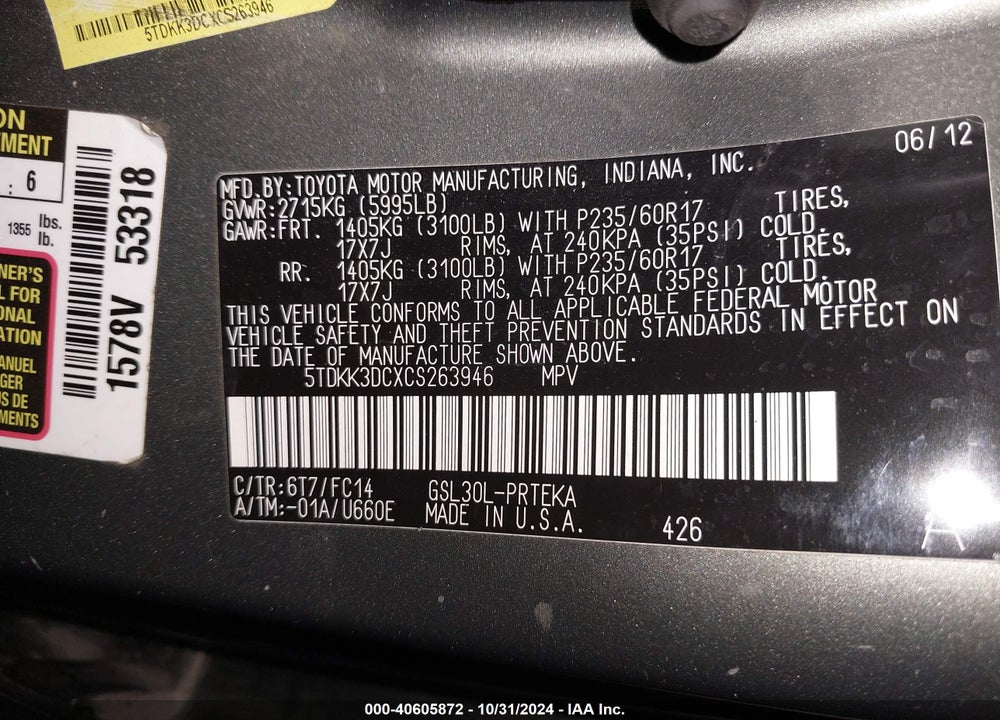 2012 TOYOTA SIENNA LE V6 8 PASSENGER VIN: 5TDKK3DCXCS263946