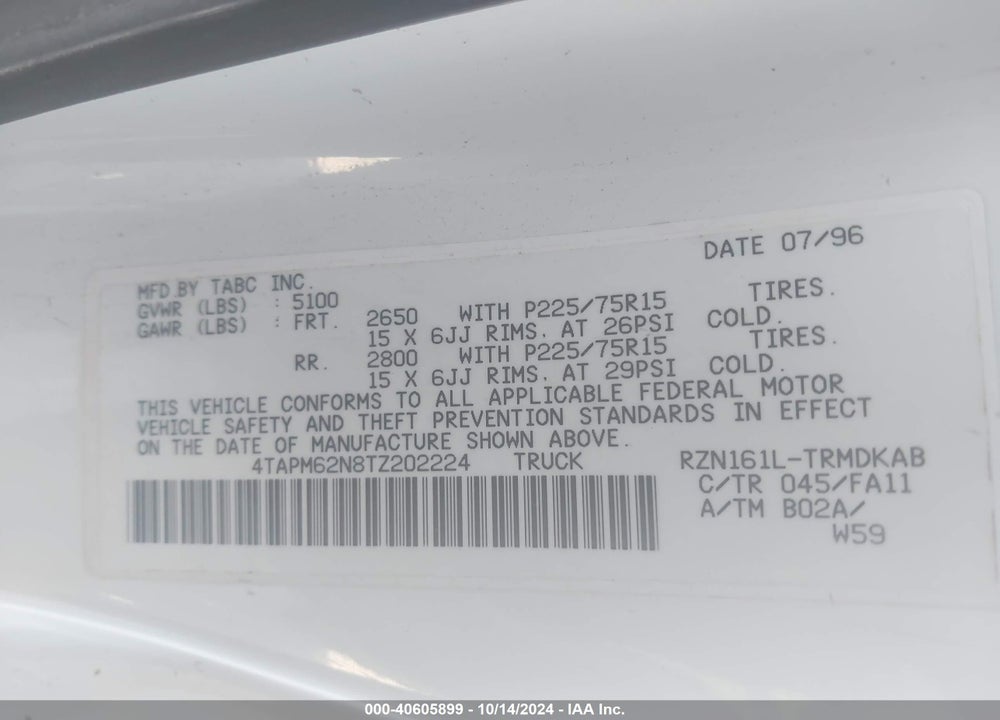 1996 TOYOTA TACOMA VIN: 4TAPM62N8TZ202224