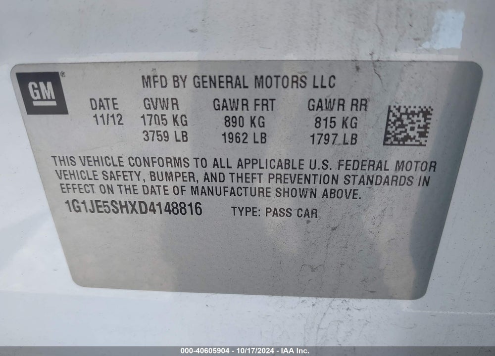 2013 CHEVROLET SONIC VIN: 1G1JE5SHXD4148816