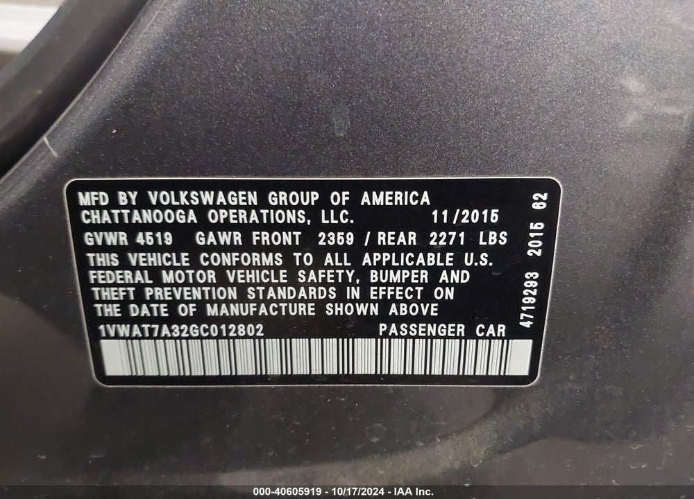2016 VOLKSWAGEN PASSAT 1.8T S VIN: 1VWAT7A32GC012802