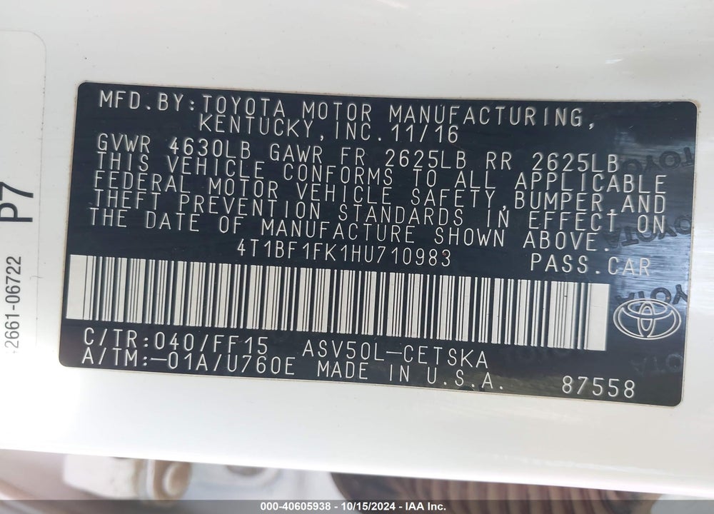 2017 TOYOTA CAMRY SE VIN: 4T1BF1FK1HU710983