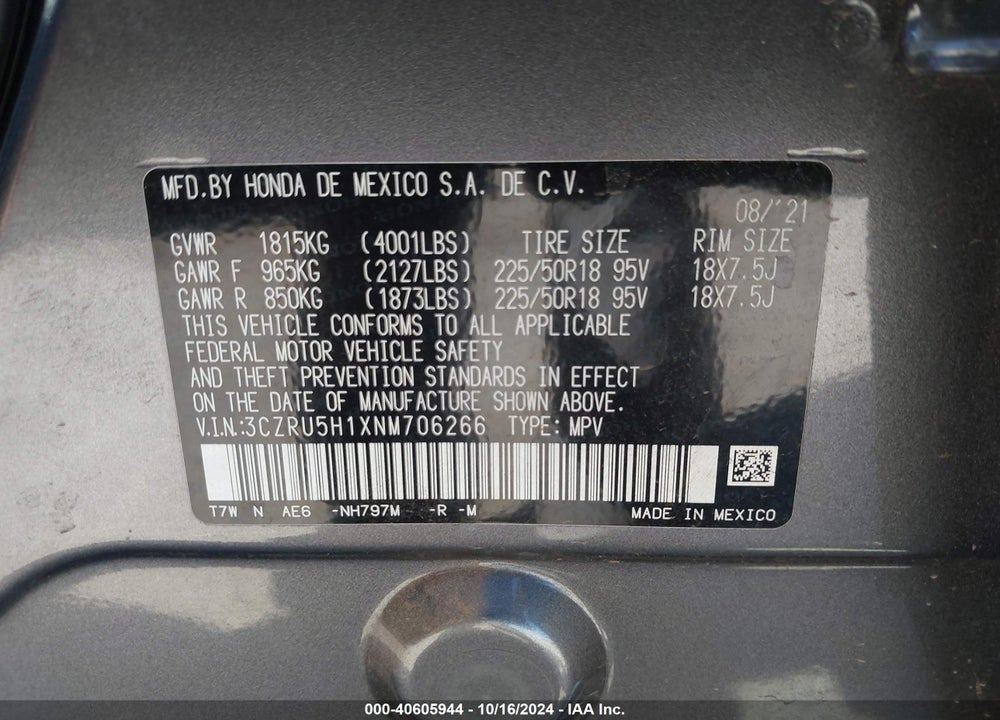 2022 HONDA HR-V 2WD SPORT VIN: 3CZRU5H1XNM706266