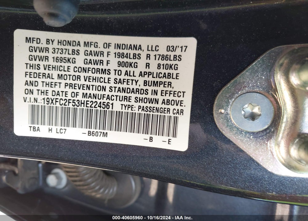 2017 HONDA CIVIC LX VIN: 19XFC2F53HE224561